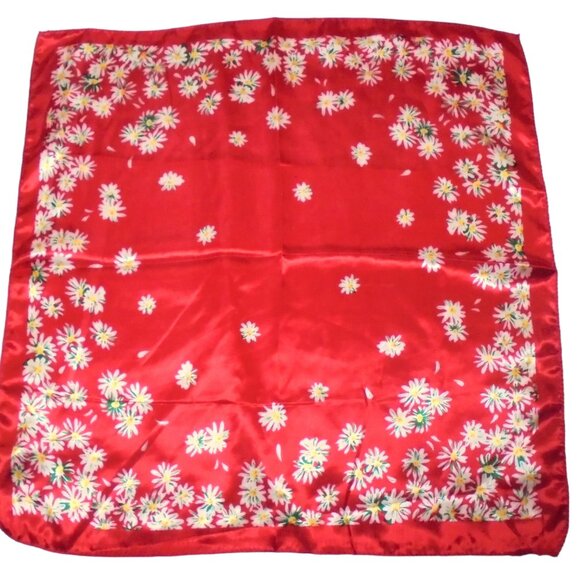 Vintage Scarf 19" Square silky satin red floral print neckerchief retro - Picture 1 of 4